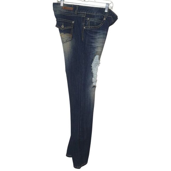 Almost Famous Distress Flare Jeans 13 Urban Denim Rhinestone Accents Junior - Picture 4 of 7